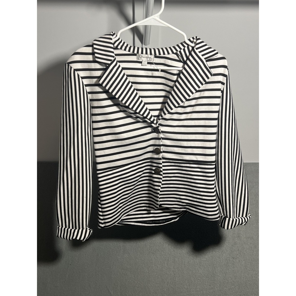 Olsenboye Women's Black White Stripe Knit Blazer Cardigan Top‎ Size M Collared